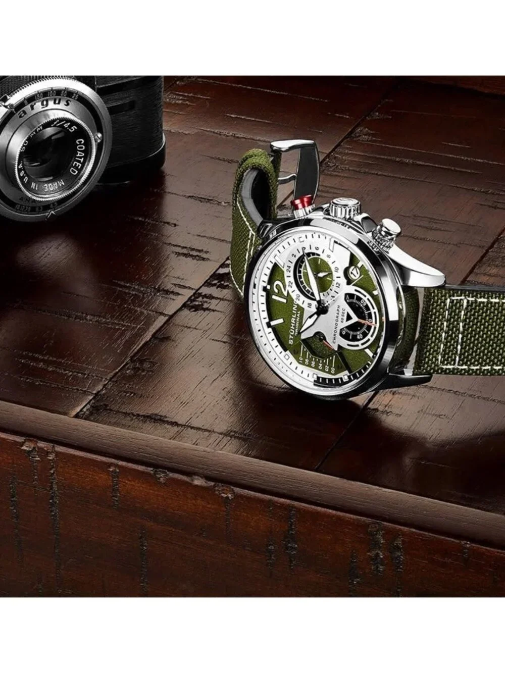 NWT Stuhrling Original Aviator Quartz Green Dial Men's Watch